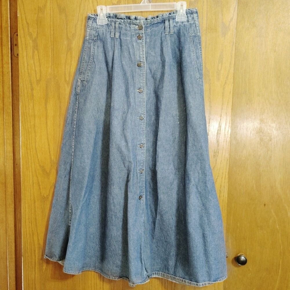 Vintage Bugle Boy For Her A-Line Flare Midi Jean Skirt Sz 12 Front Button Denim